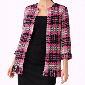 Vilagallo pink/white/gray & black tweed open jacket fringed trim jacket 40/8